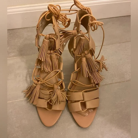 Loeffler Randall Tasseled Lace Up Leather Sandals Wheat Tan Size 8 - Picture 4 of 11